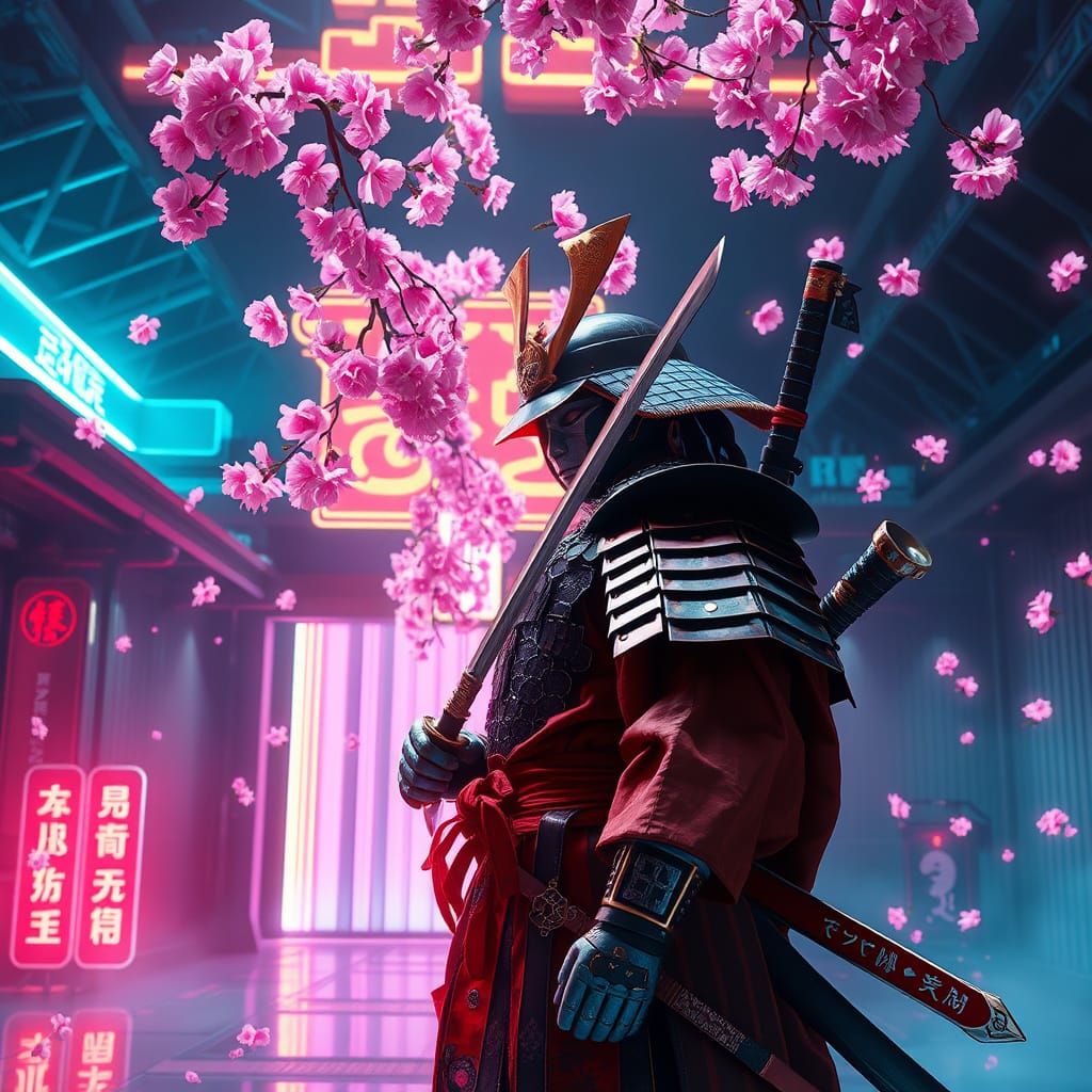 Cyberpunk Samurai in Neon Dojo with Holographic Blossoms