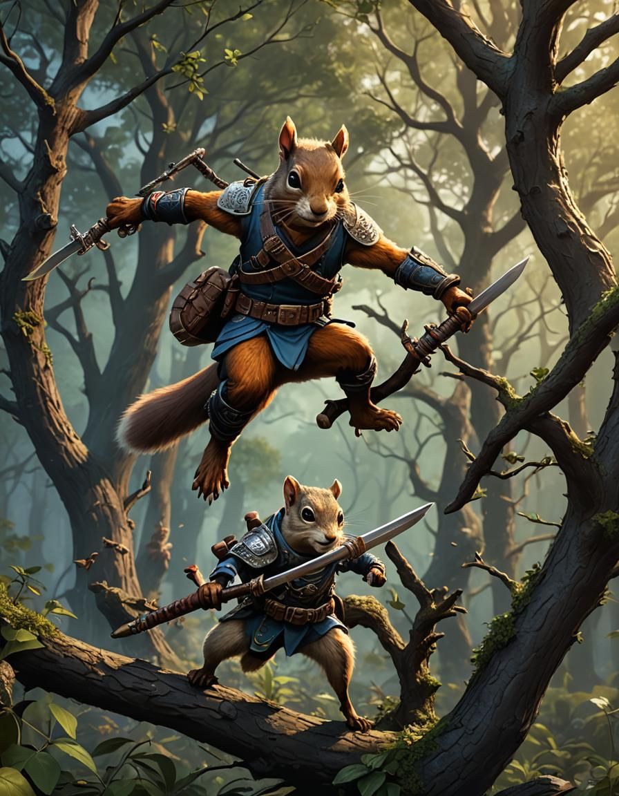 Squirrel Warrior vs Weasel Ninja in Forest