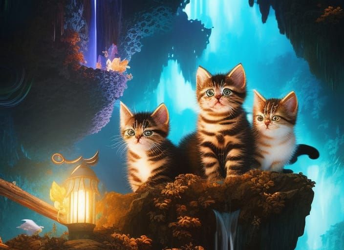 Kittens Explore a Fantasy Waterfall Cave