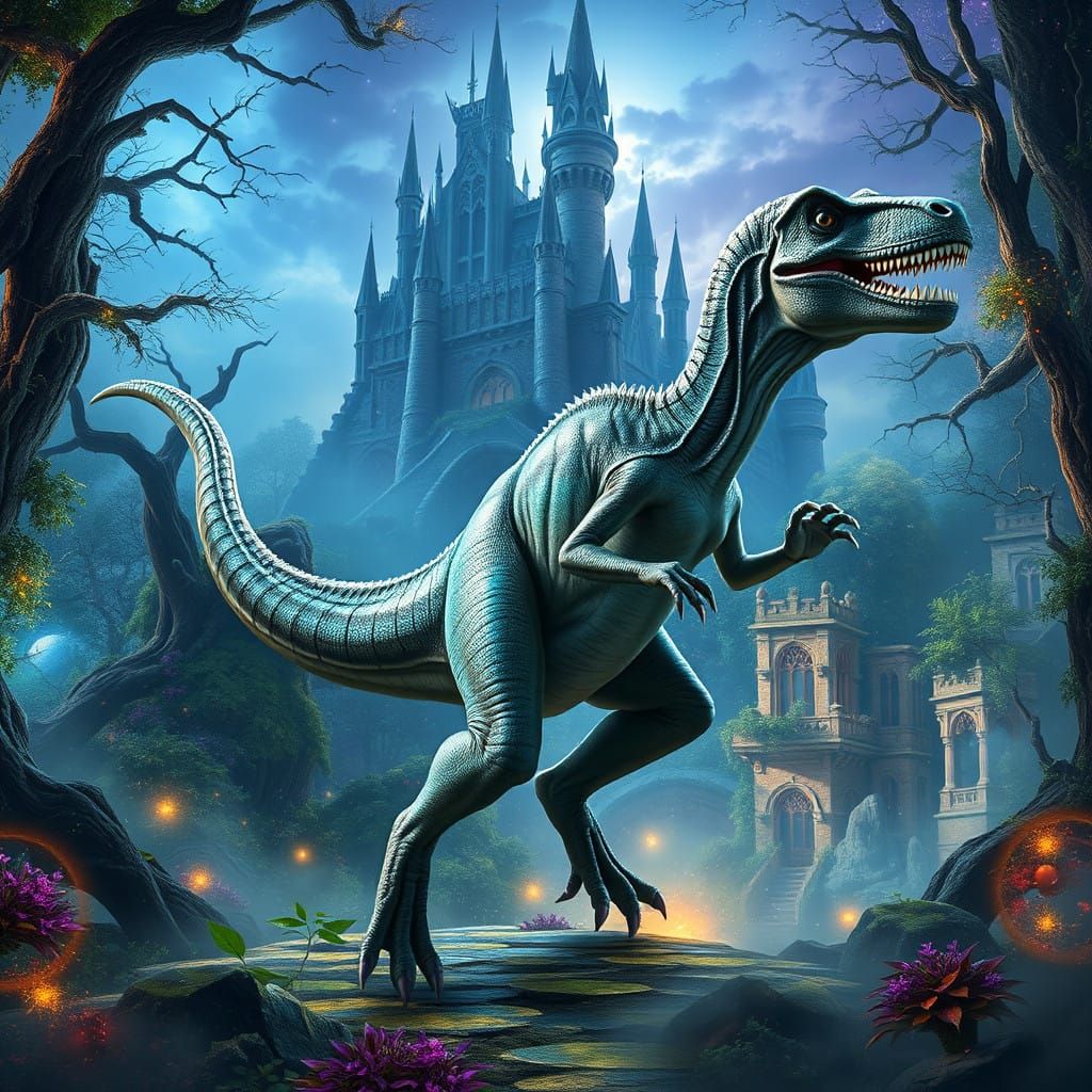 Enchanted Raptor Amidst Whimsical Castle