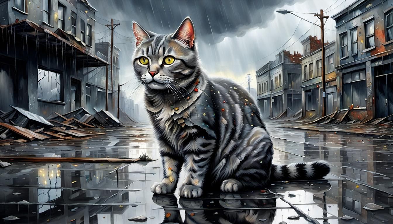 Grey Tabby in Post-Apocalyptic City Oil Painting