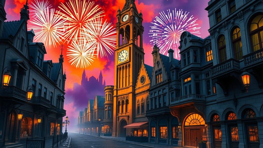 Ethereal New Year's Eve Cityscape in Gothic Style