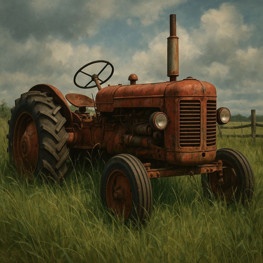 Vintage Red Tractor in Overgrown Field