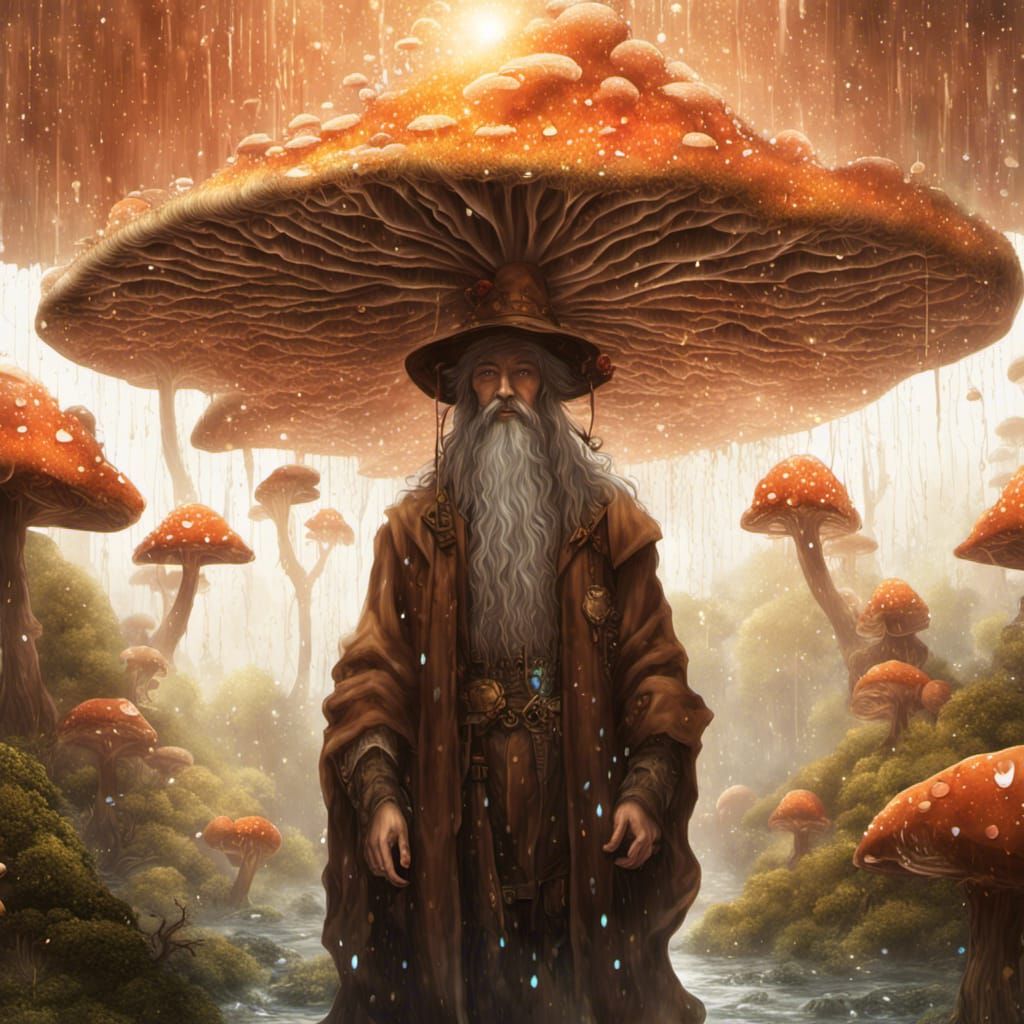 Psychedelic Wizard in Mushroom Paradise, Surreal Oil Paintin...