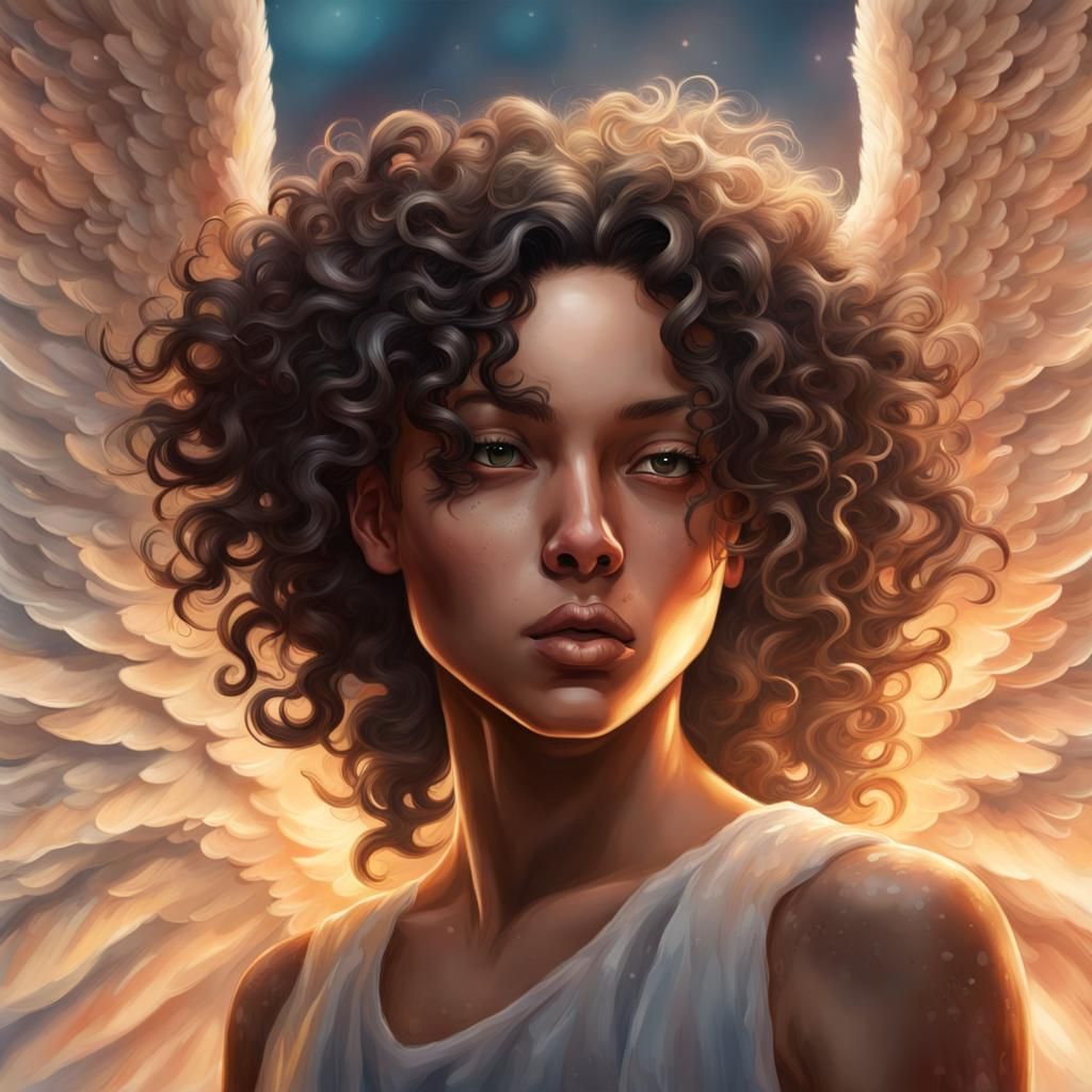 Hyperrealistic Angel with Black Wing in Splash Art