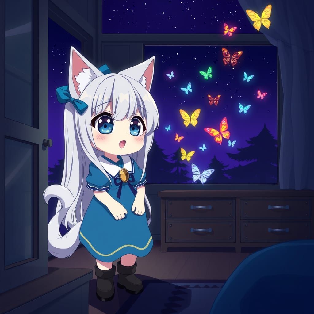 Moody Anime Catgirl Gazing at Butterflies in Nighttime