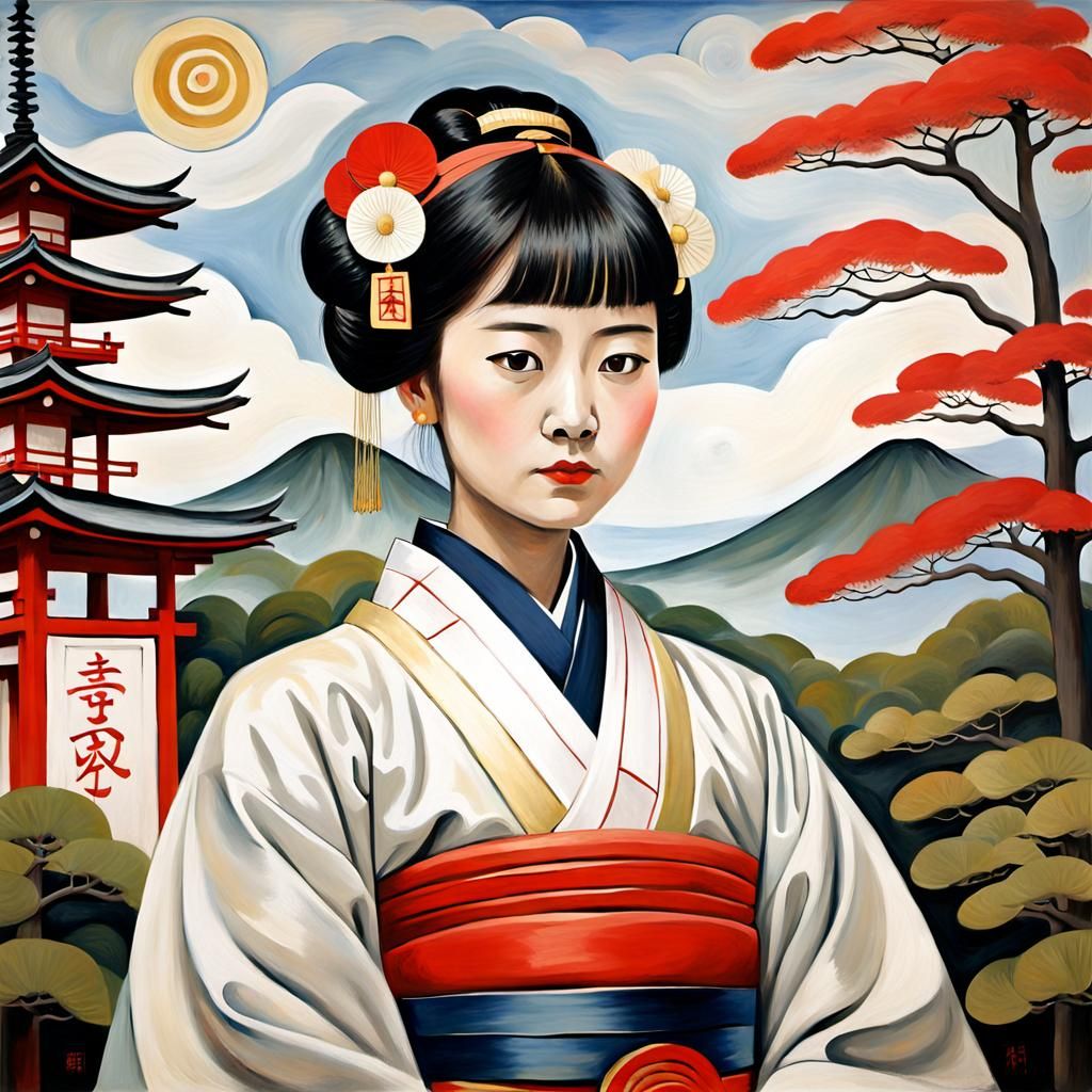Shinto Shrine Maiden Portrait in Abstract Style