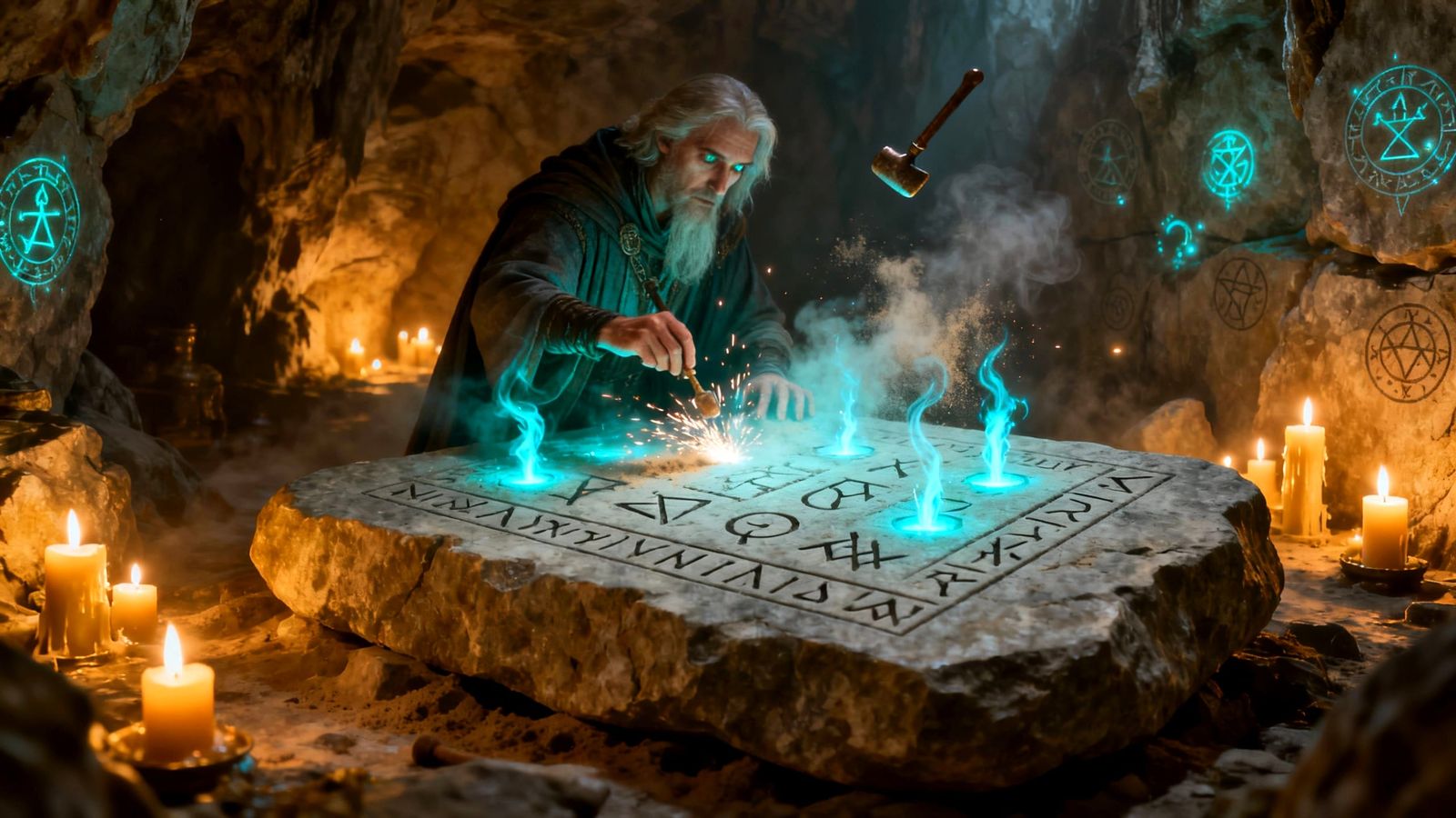 Ancient Mage Carves Glowing Runes in Candlelit Cavern