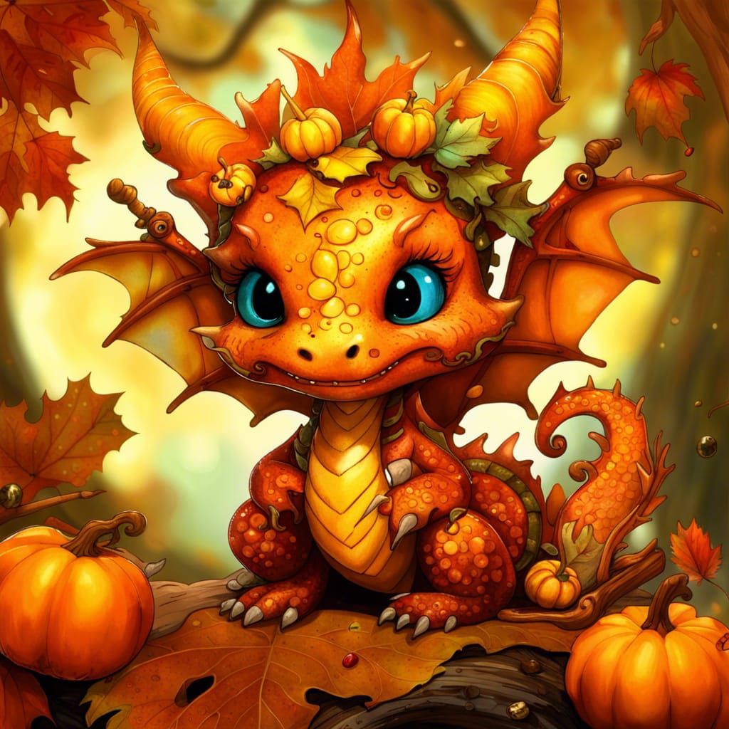 Fantasycore Autumn Dragon with Pumpkins and Leaves