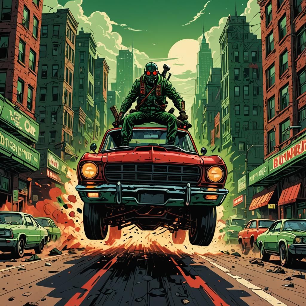 Man Rides Red Car: Vector Art Illustration