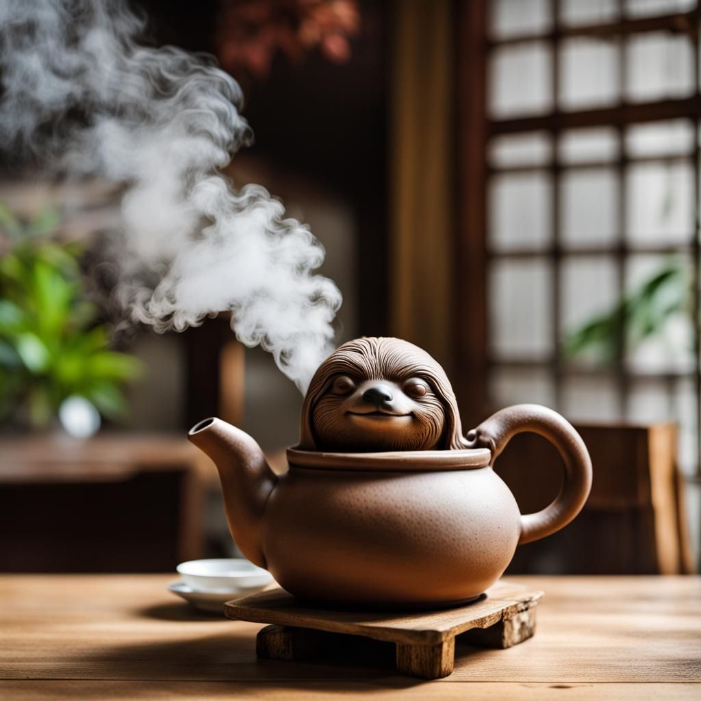 Sloth Teapot Steaming in Japanese Teahouse