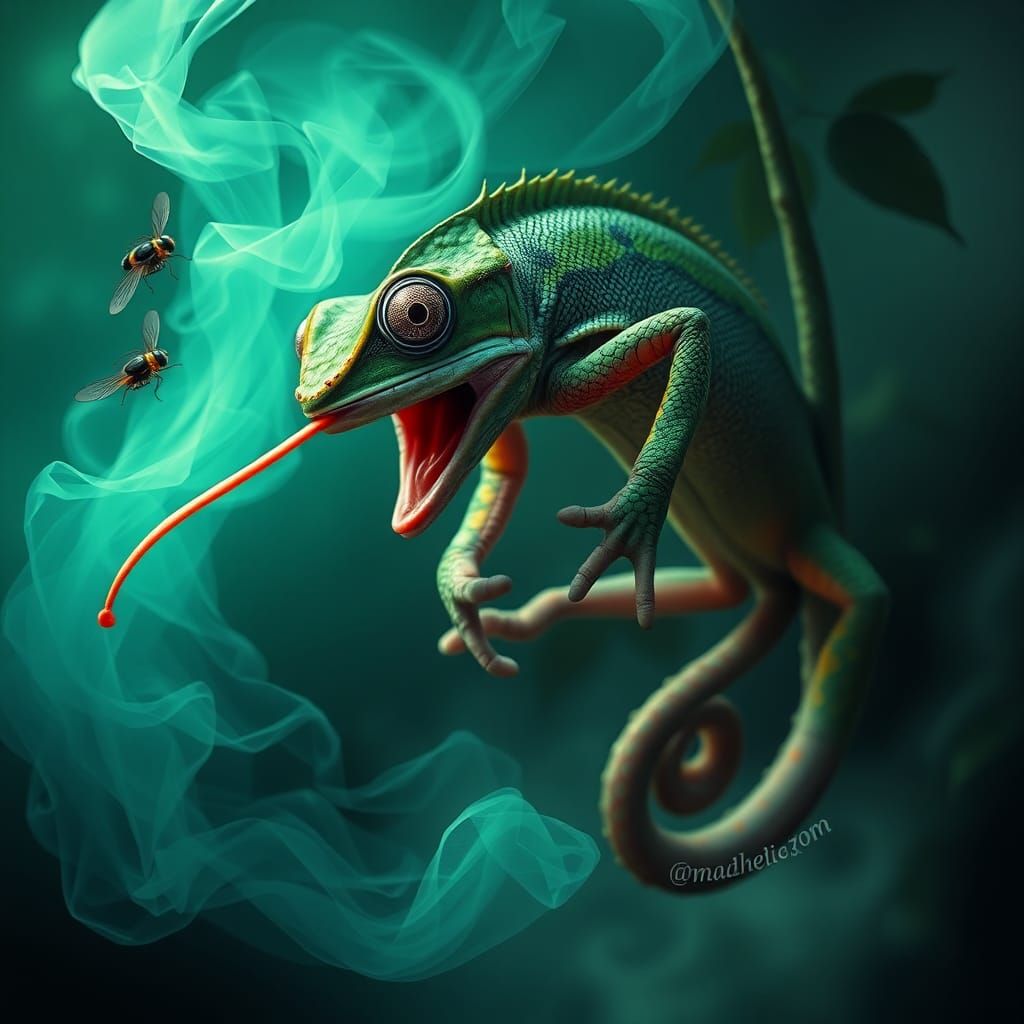 Mutant Chameleon Catches Fly in Dreamlike Digital Art