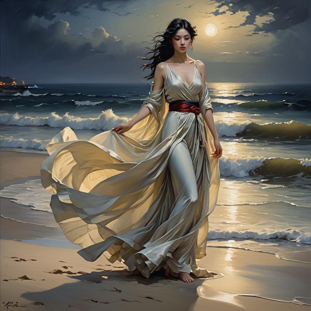 Moonlit Beauty on the Shore in Romantic Realism