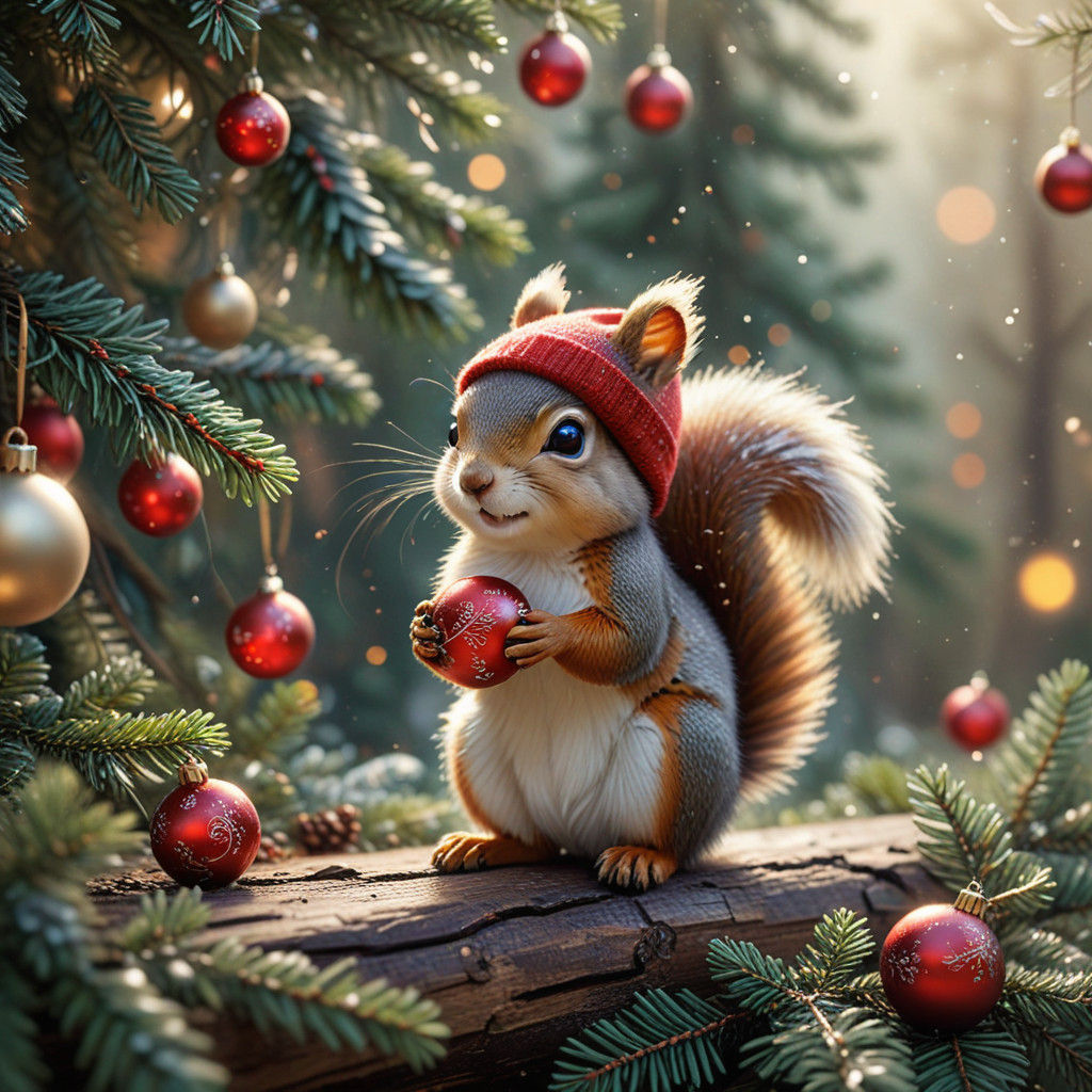 Whimsical Christmas Squirrel in Oil Painting Style