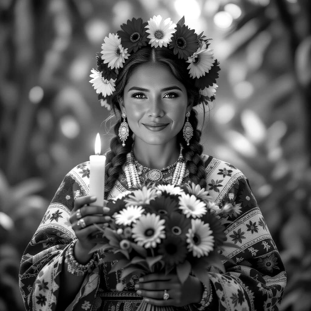 Native Woman in Sombrero Holding Candle and Flowers