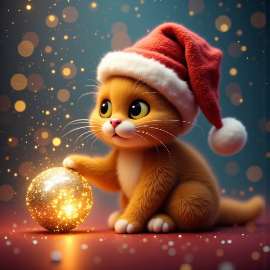 Ginger Cat in Santa Hat with Christmas Disco Ball