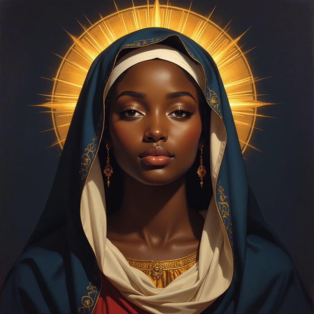 African Saint Mary in Renaissance Oil Painting Style