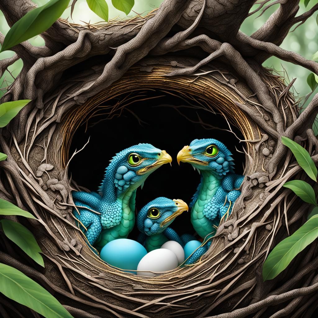 Dragon Parents Await Hatching Babies in Giant Nest
