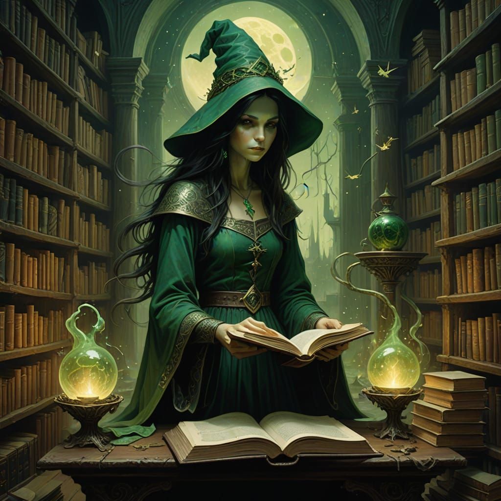 Elegant Witch Stands Over Cauldron in Mystical Study