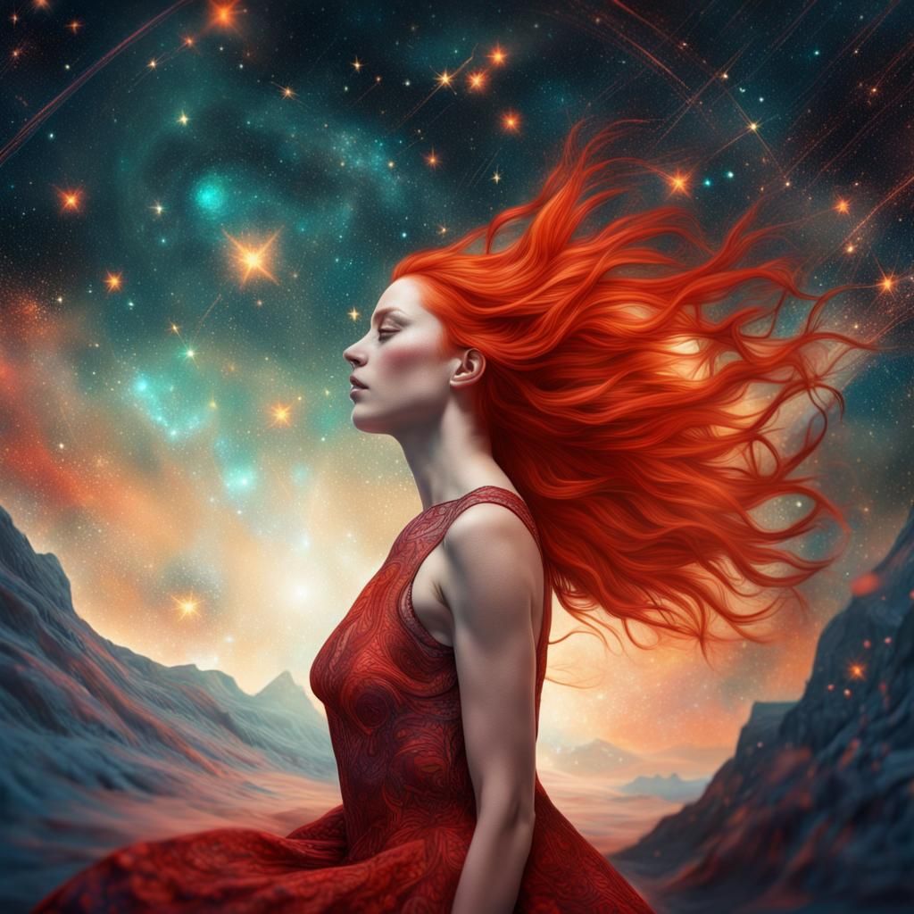 Redhead Fusion in Cosmic Starscape: 8K Holographic Art