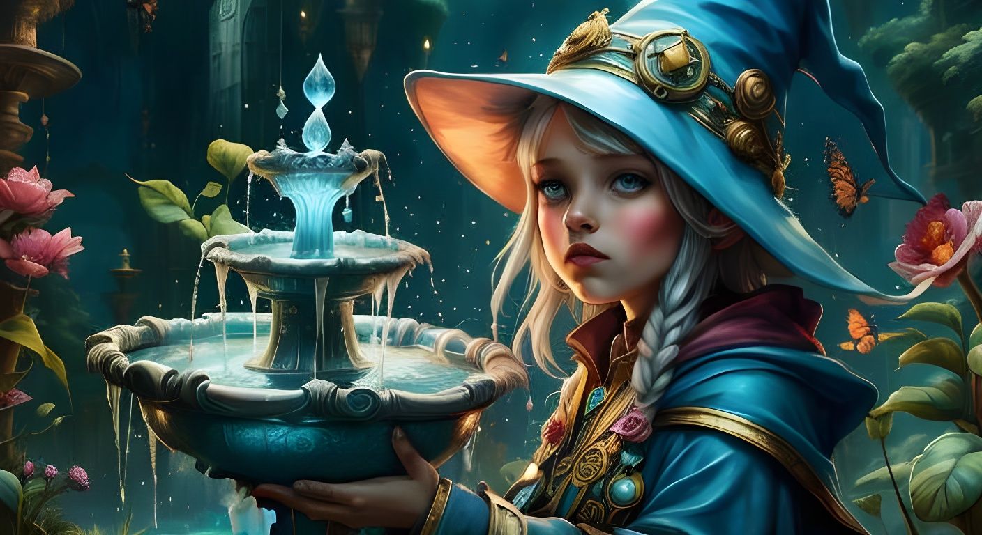 Magical Water Fountain in Wizard's Hand: Fantasy Art