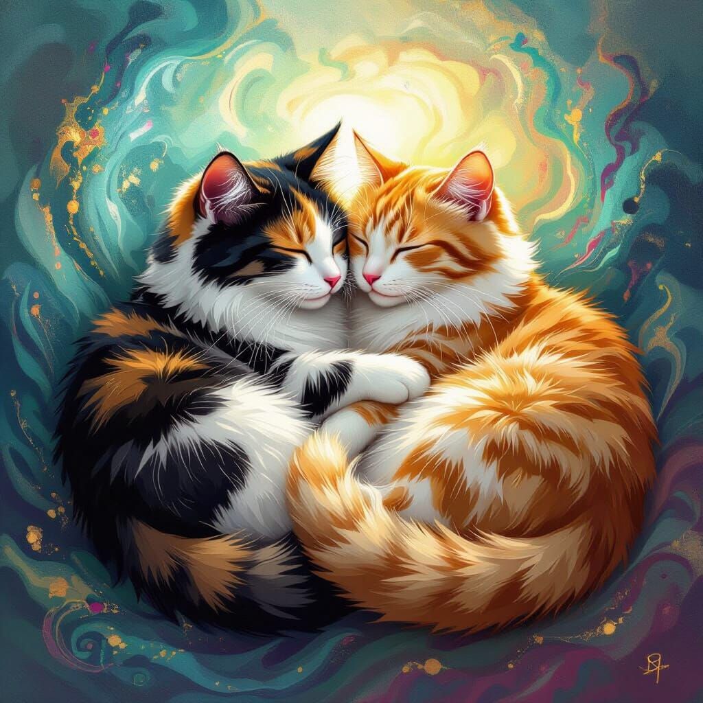 Cats Form Yin Yang Symbol in Ethereal Digital Art