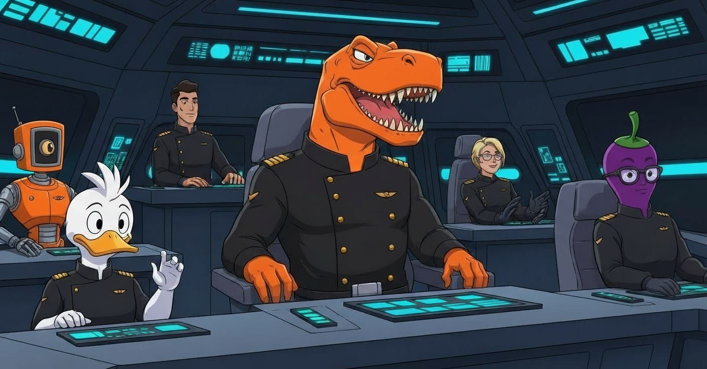 Tyrannosaur Captain Leads Starship Crew in Sci-Fi Art