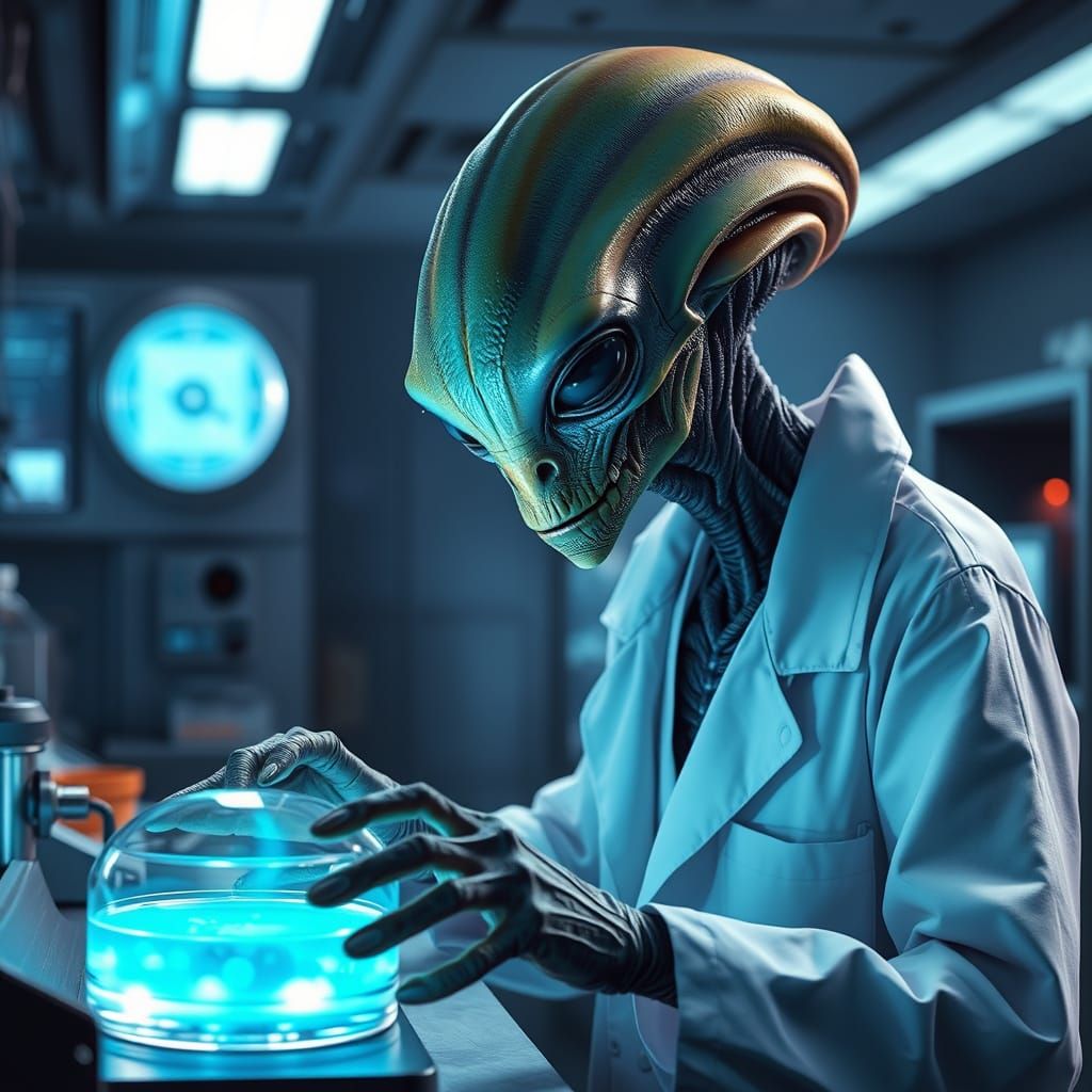 Alien Scientist in Futuristic Lab Examining Glowing Petri Di...