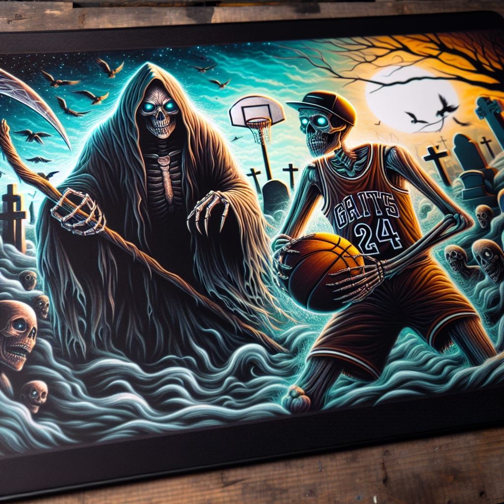 Scary grim reaper in a cemetery, plays  Basketball one-on-on...