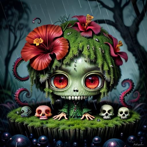 Surreal Creature with Hibiscus and Enormous Eyes