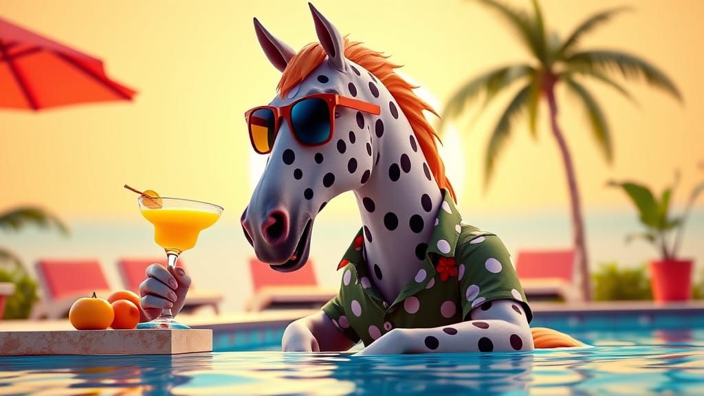Polka Dot Horse Sipping Margarita: 3D Rendered Art