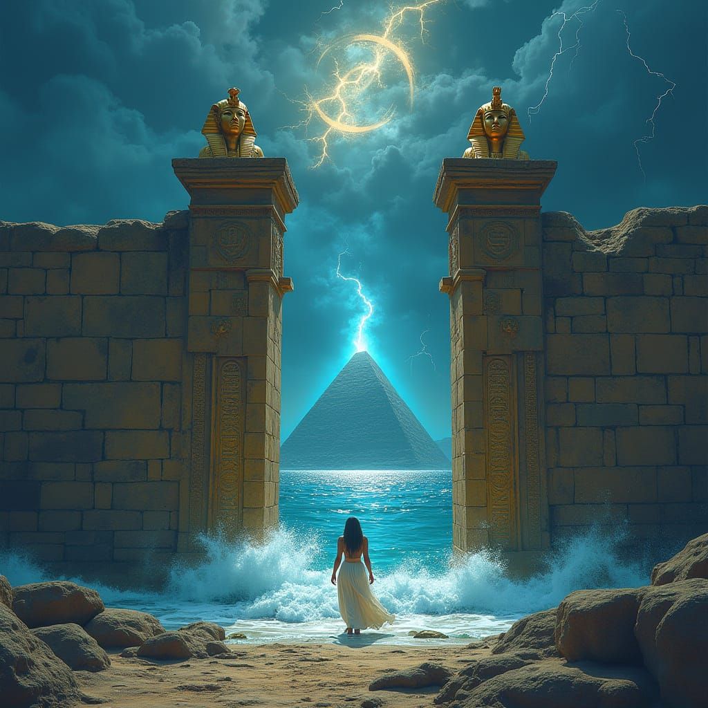 Egyptian Temple Gateway in Ancient Ruins with Golden Statues...