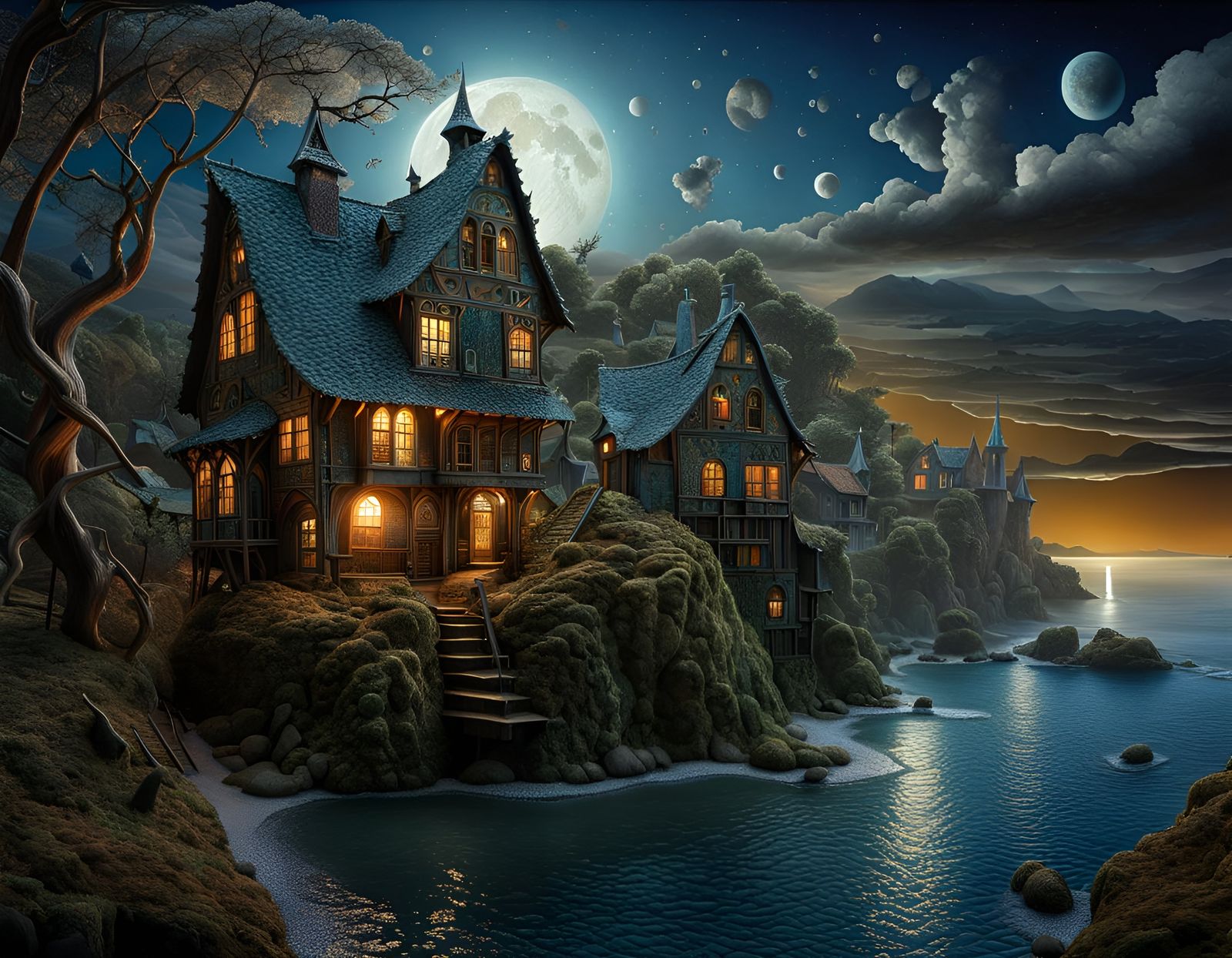 Eerie Coastal Village in 3D Textile Art Style