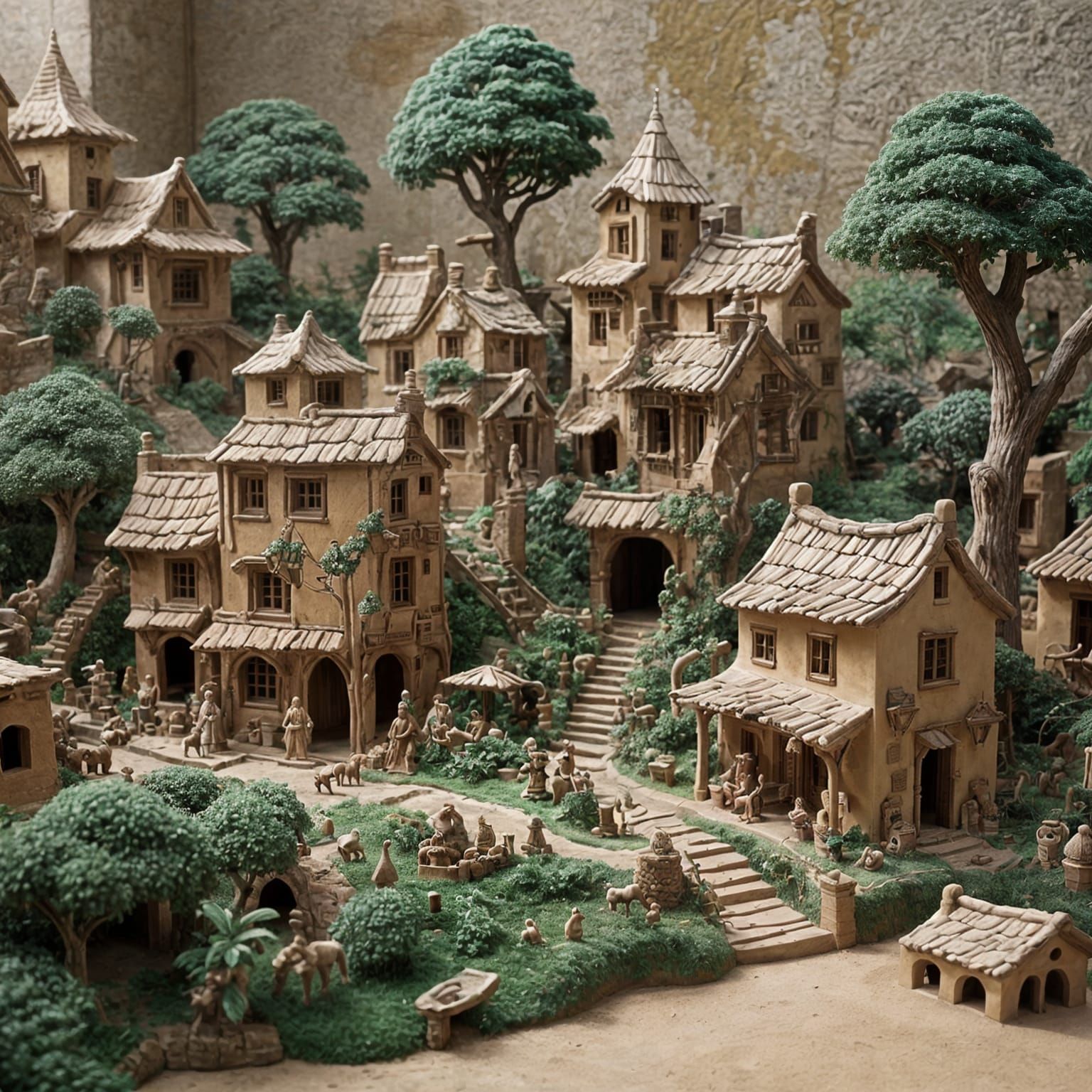 Surreal Clay Village Scene in Terracotta Tones