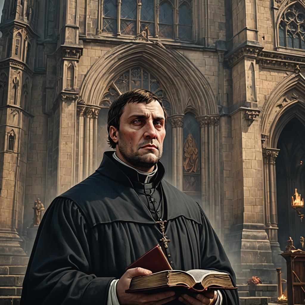 Martin Luther Portrait in Medieval Church, Detailed Painting