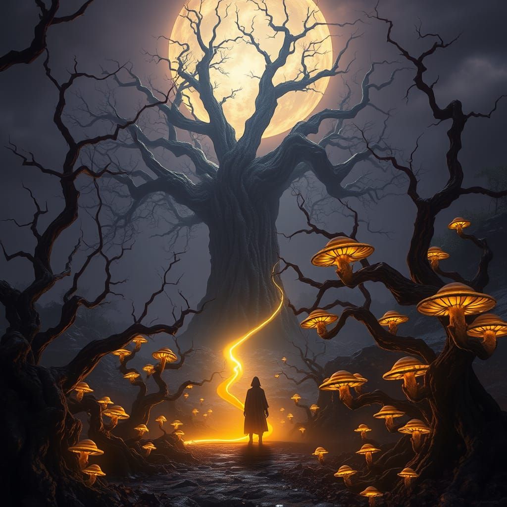 Ethereal Twilight Realm with Erdtree and Bioluminescent Mush...