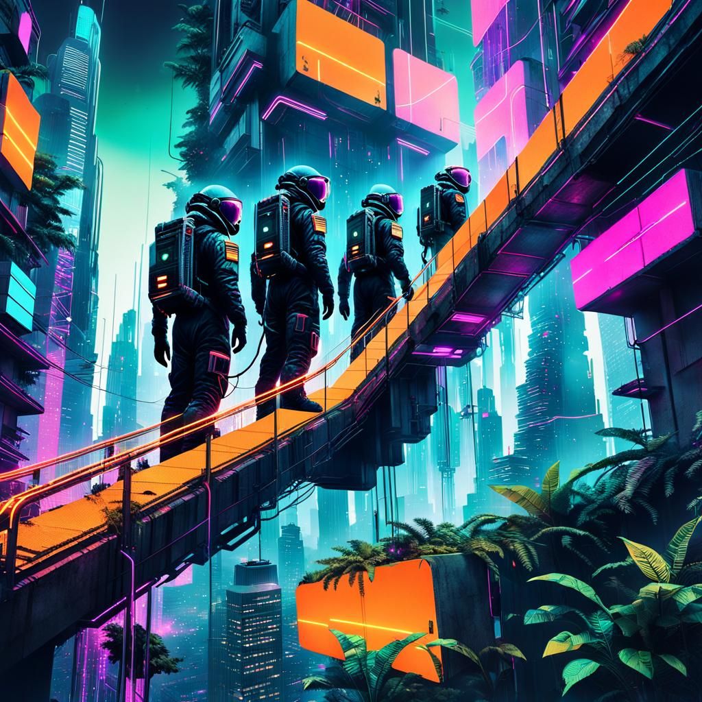 Cyberpunk Cityscape with Astronauts in Double Exposure Colla...