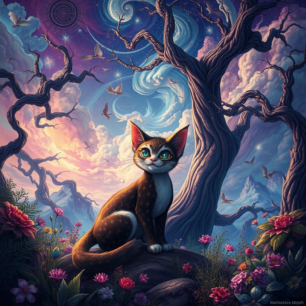 Whimsical Feline Amidst Dreamlike Landscape
