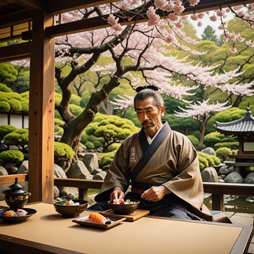 Ancient Samurai Enjoys Sushi in a Serene Japanese Garden
