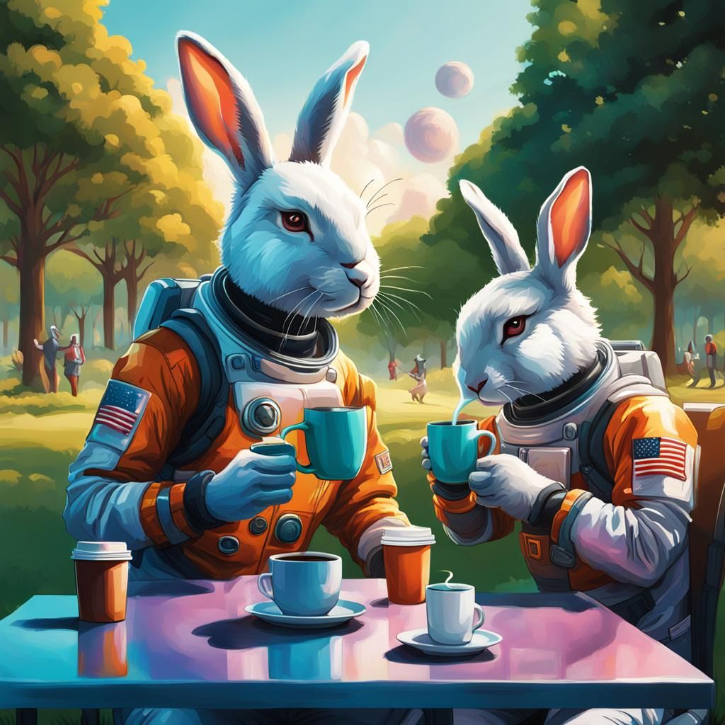 Rabbit in Spacesuit Drinking Coffee: Hyperrealistic Splash A...