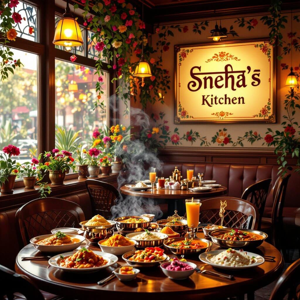 Vibrant Indian Restaurant Interior with Delicious Food and S...