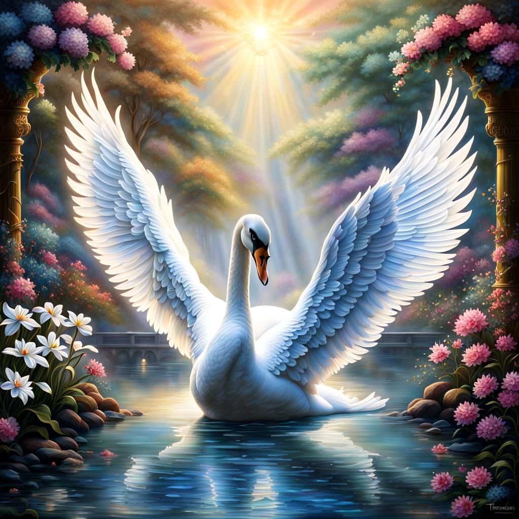 Stained Glass Swan with Flowery Backdrop