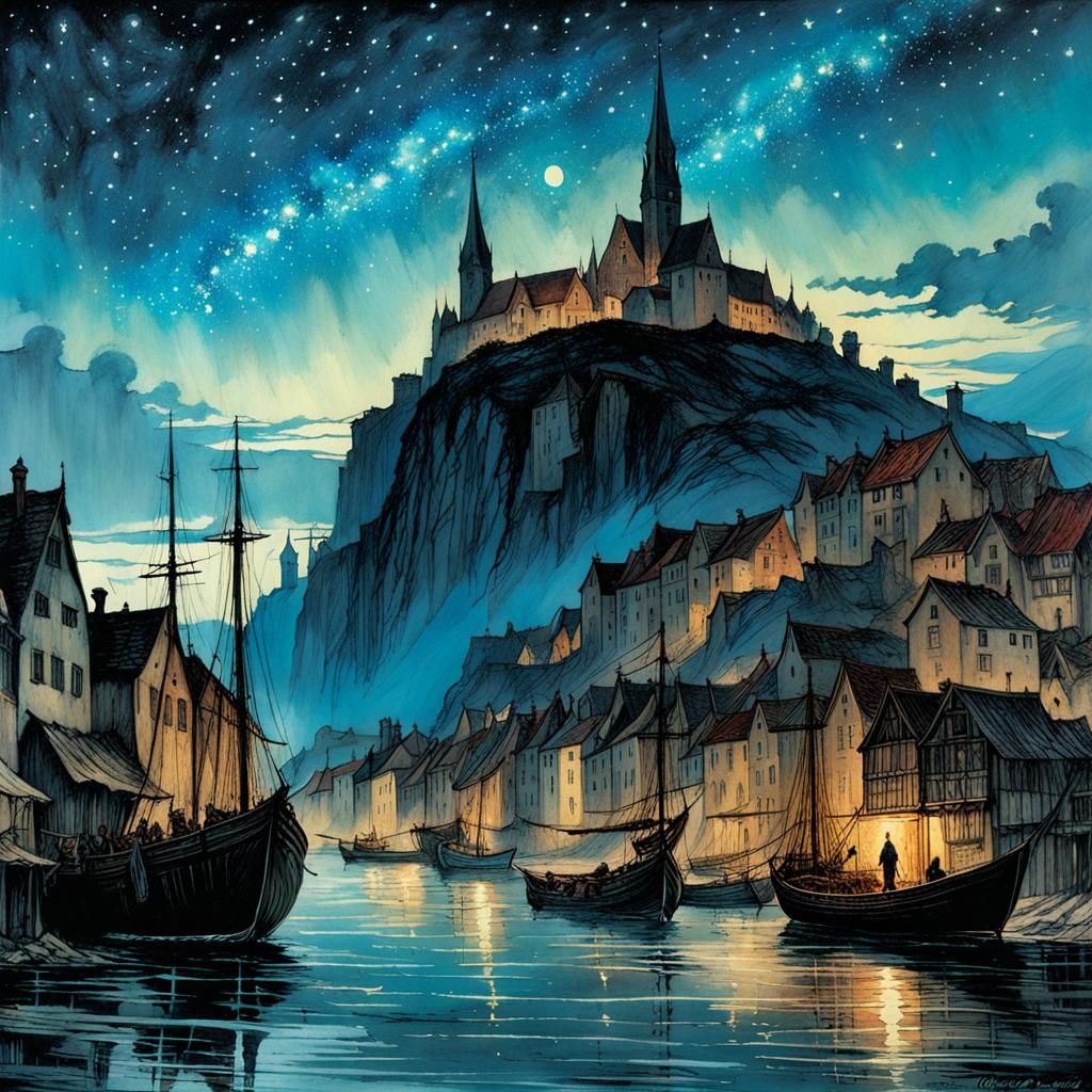Medieval Island Port Town Under Starry Sky