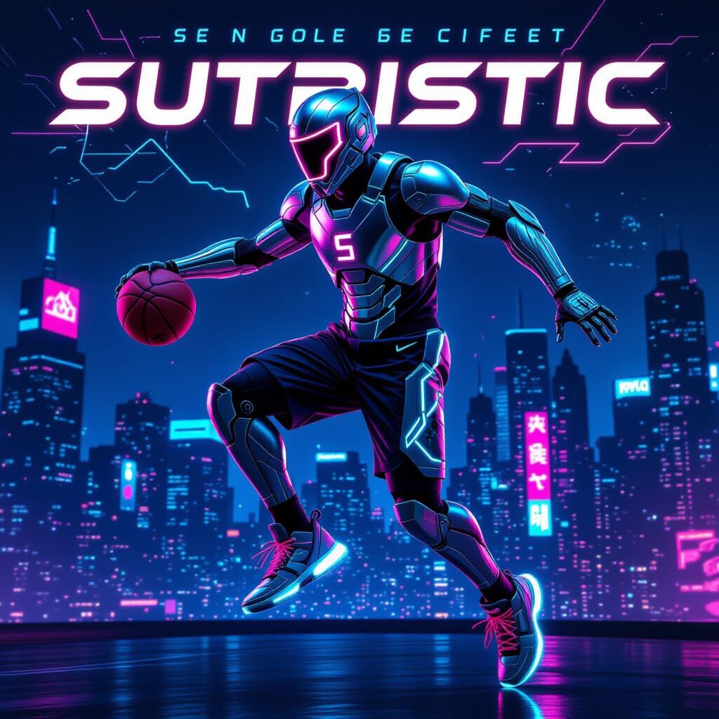 Futuristic Basketball Player in Neon Cityscape