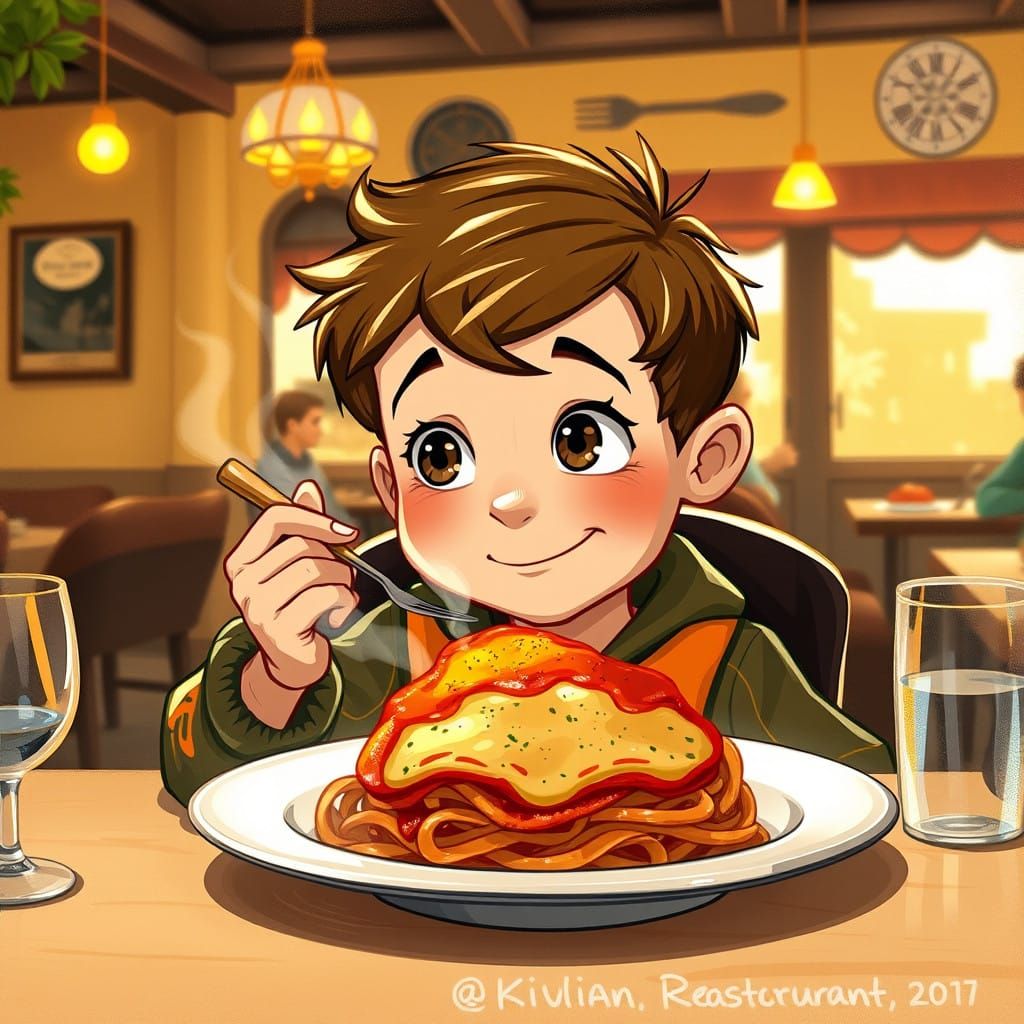 Whimsical Boy Savoring Lasagna in a Cozy Italian Setting