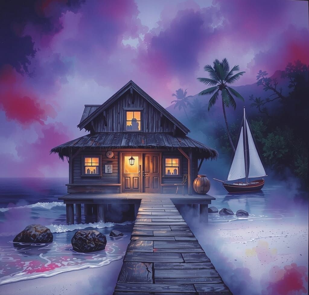 Romantic Hawaiian Seaside Shack in Soft Watercolor Hues