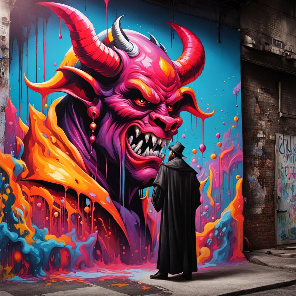 Devil Confronts Priest in Graffiti Street Art