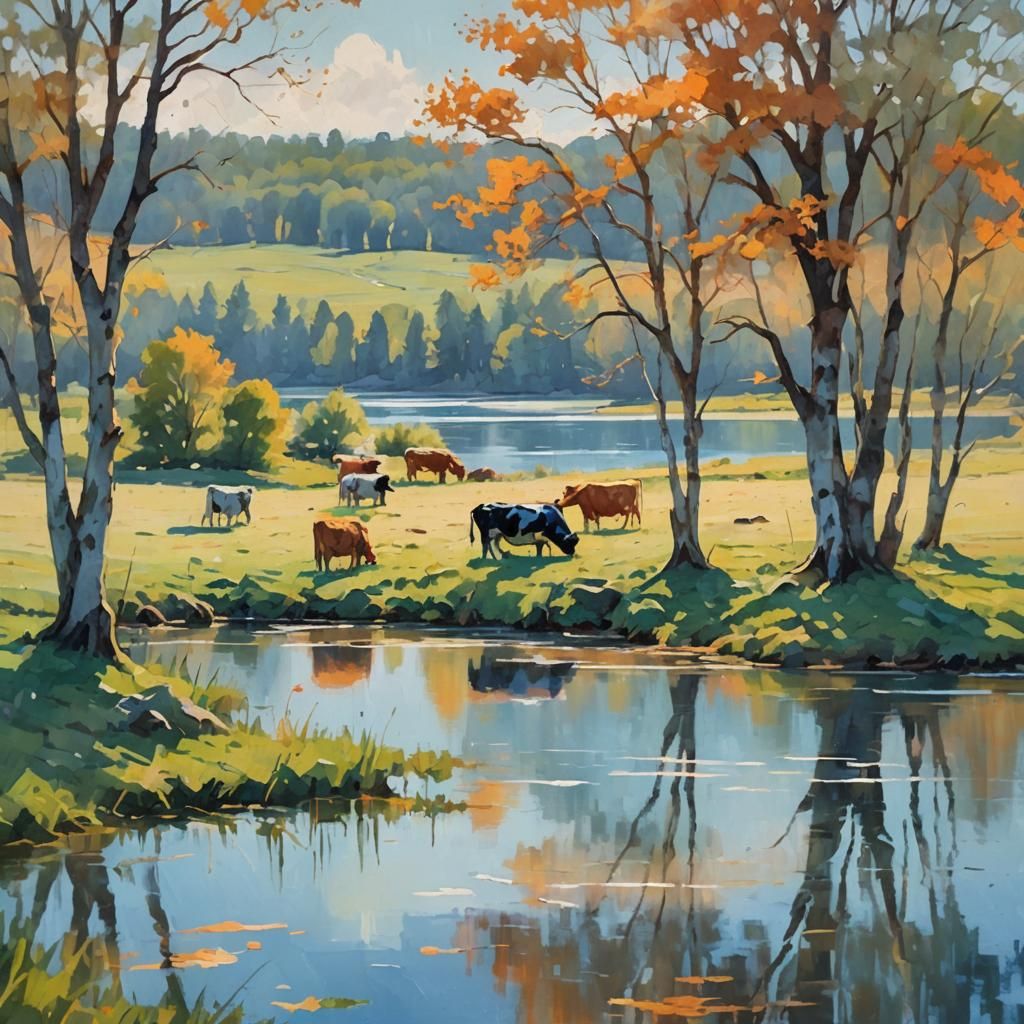 Impressionistic Cows Grazing in Field With Lake