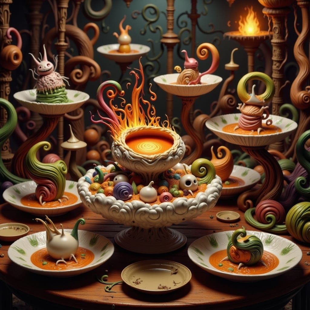 Surreal Banquet with Glowing Food and Mystical Lighting