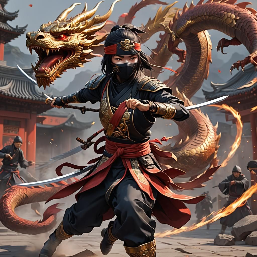 Chinese Ninja with Dragon Ghost in Anime Style